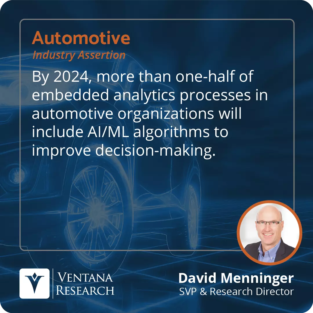 By 2024, more than one-half of embedded analytics processes in automotive organizations will include AI/ML algorithms to improve decision-making.  