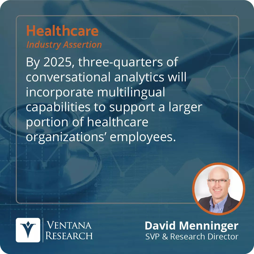 By 2025, three-quarters of conversational analytics will incorporate multilingual capabilities to support a larger portion of healthcare organizations’ employees.  