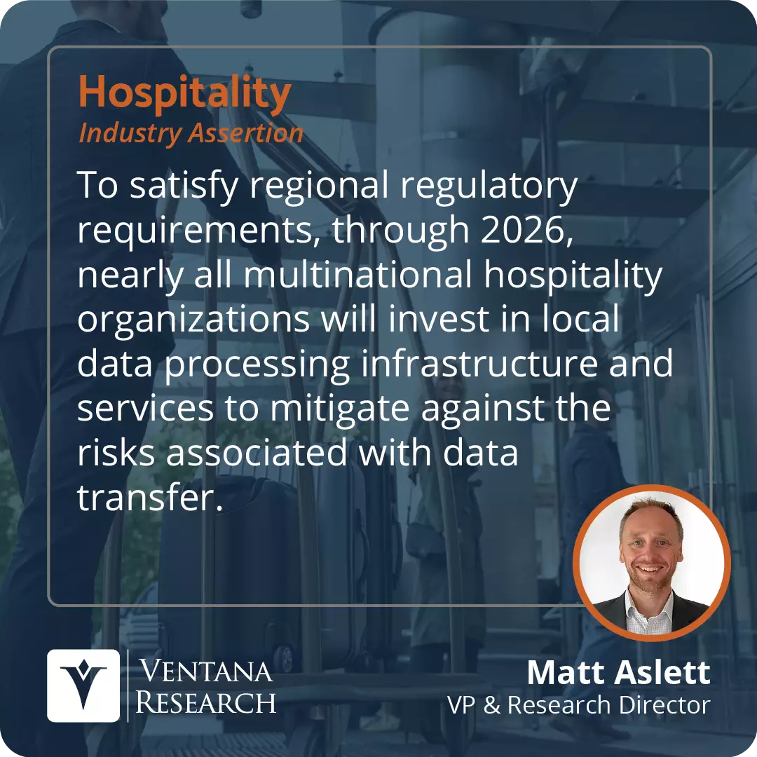 To satisfy regional regulatory requirements, through 2026, nearly all multinational hospitality organizations will invest in local data processing infrastructure and services to mitigate against the risks associated with data transfer.