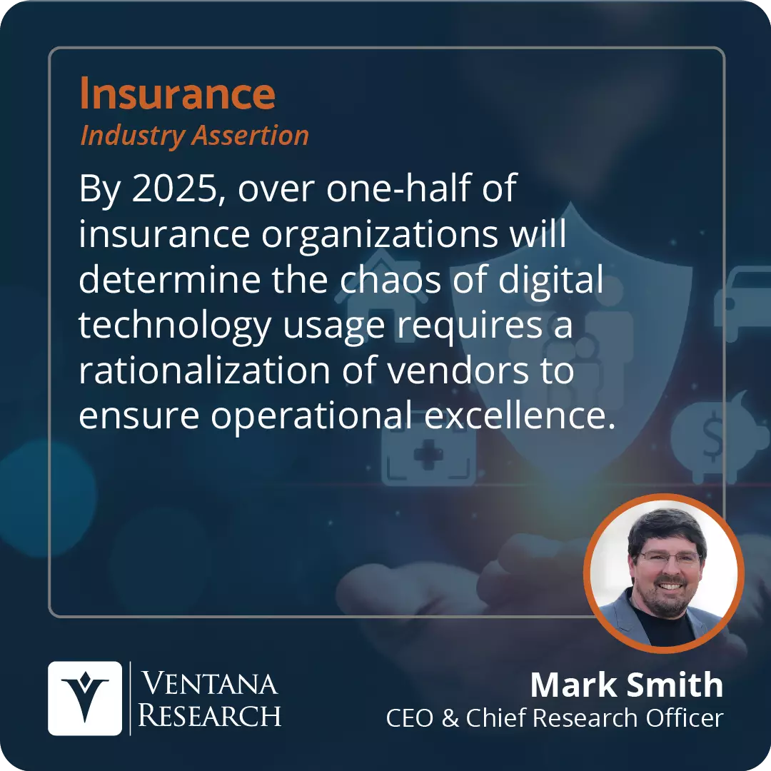 By 2025, over one-half of insurance organizations will determine the chaos of digital technology usage requires a rationalization of vendors to ensure operational excellence.