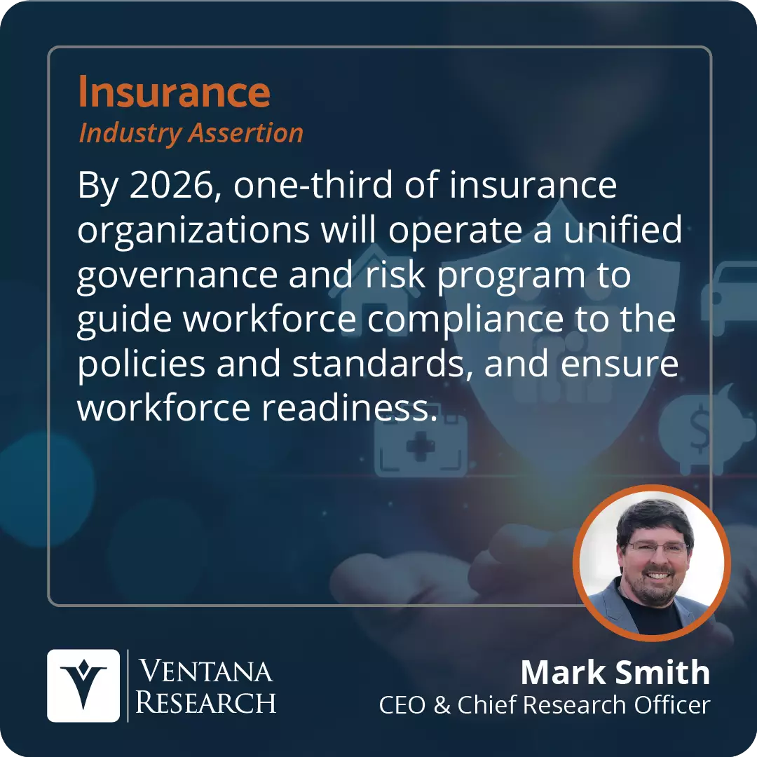 By 2026, one-third of insurance organizations will operate a unified governance and risk program to guide workforce compliance to the policies and standards, and ensure workforce readiness. 